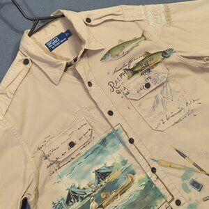 Polo Ralph Lauren Shirt Mens L Beige Fly Fishing Trapper Lake Button Up Epaulets